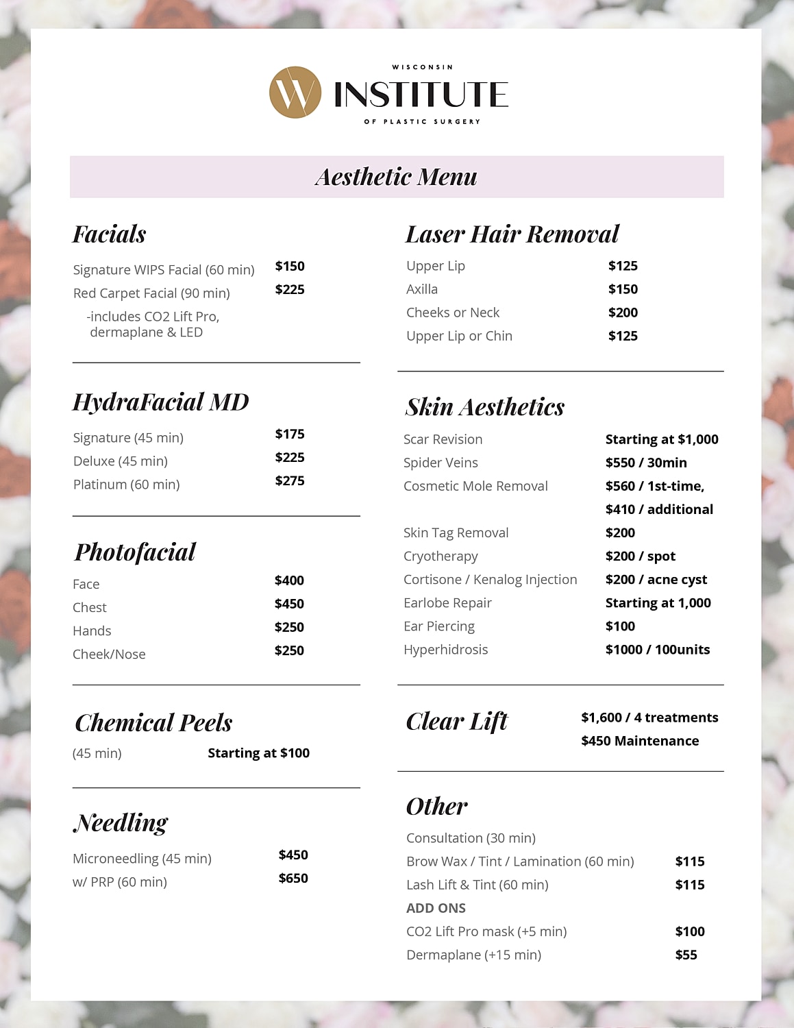 Aesthetic treatments and services menu overview.