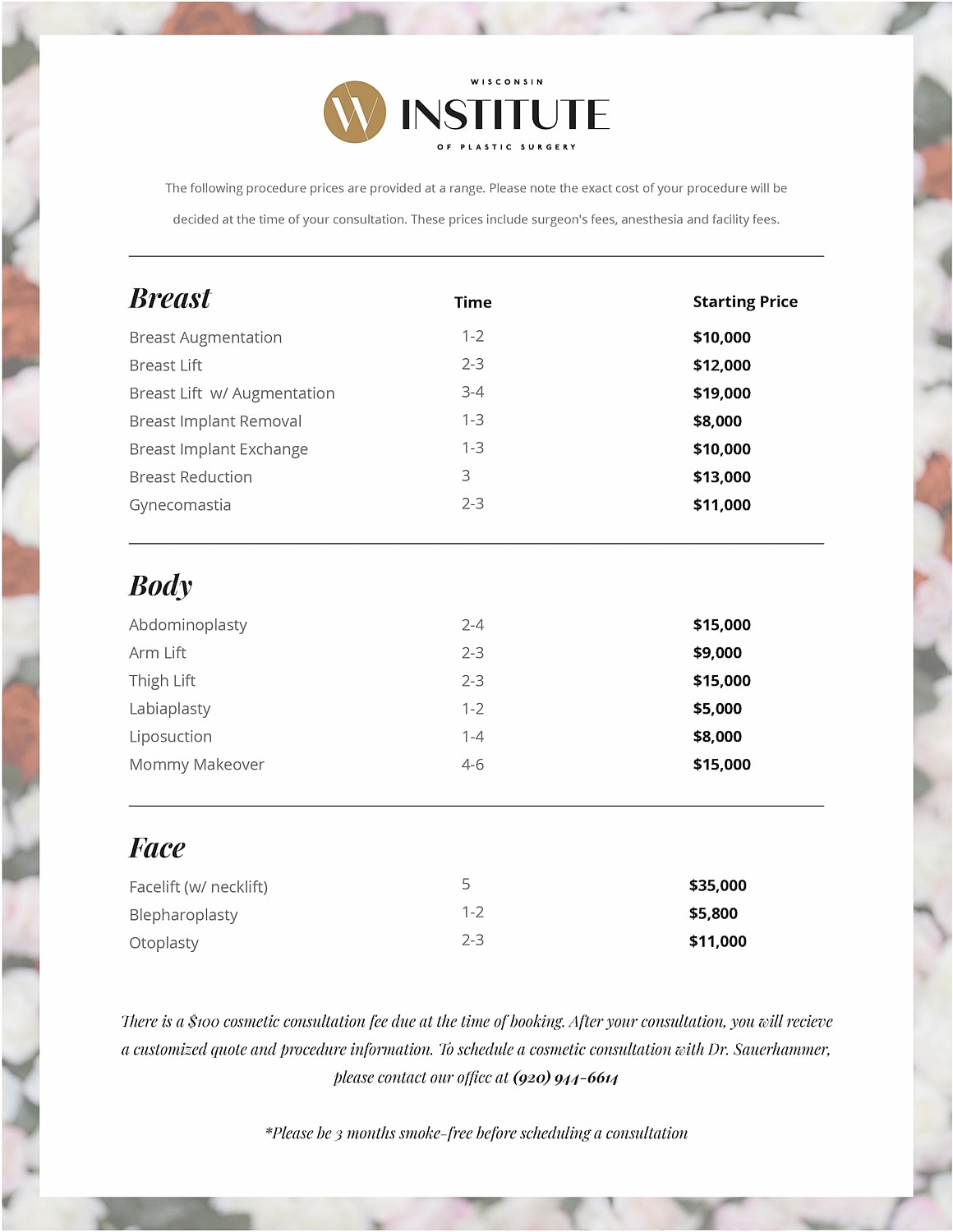 Plastic surgery procedures and pricing information.