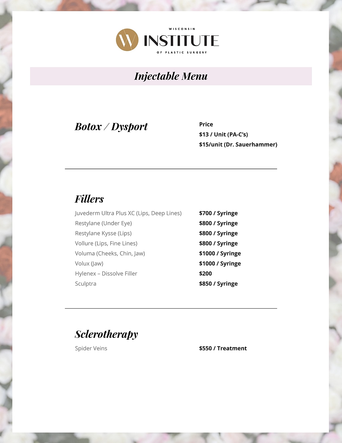 Injectable cosmetic treatment menu with pricing details