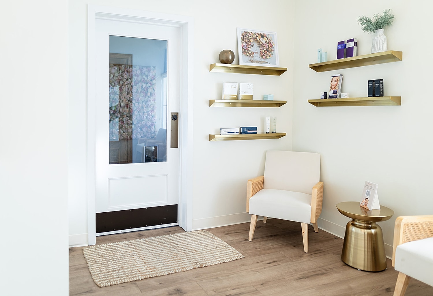 Modern reception area with decorative shelves.
