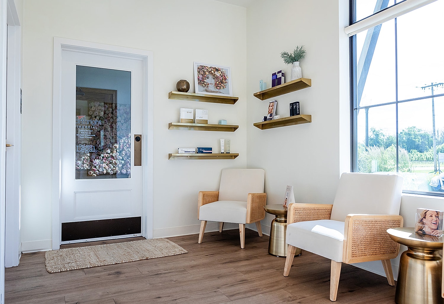 Modern waiting area with stylish decor and seating.