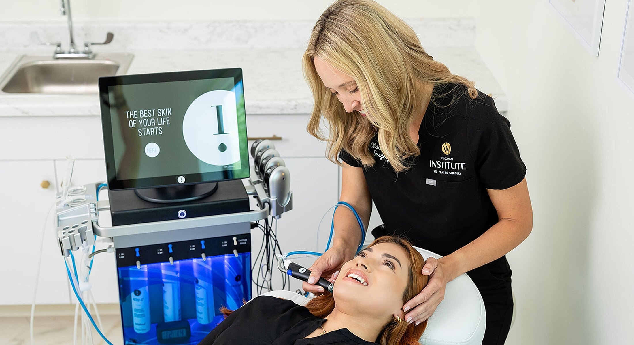 Skin treatment session at beauty clinic.